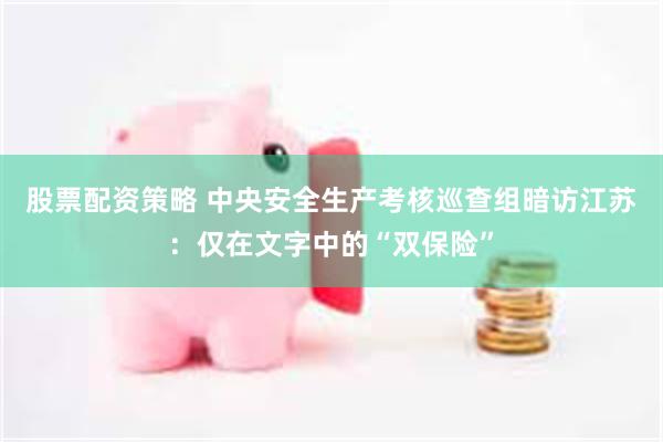 股票配资策略 中央安全生产考核巡查组暗访江苏：仅在文字中的“双保险”